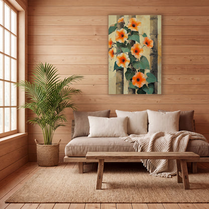 Orange Morning Glory Bamboo Botanical wall art in a calm Japandi-style room – orange morning glory flowers and green