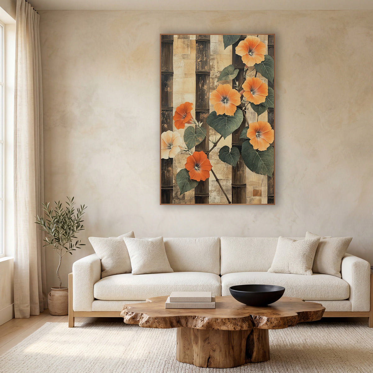 Orange Morning Glory Bamboo Japandi wall art in a calm Japandi-style room – orange morning glory flowers and green