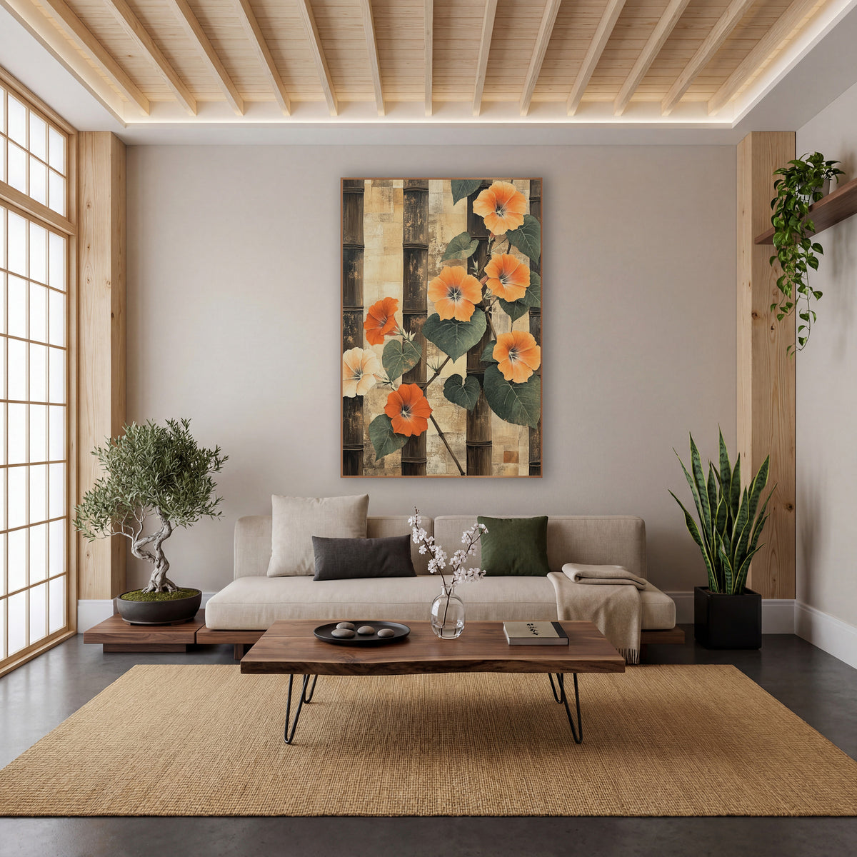 Orange Morning Glory Bamboo Japandi wall art in a calm Japandi-style room – orange morning glory flowers and green