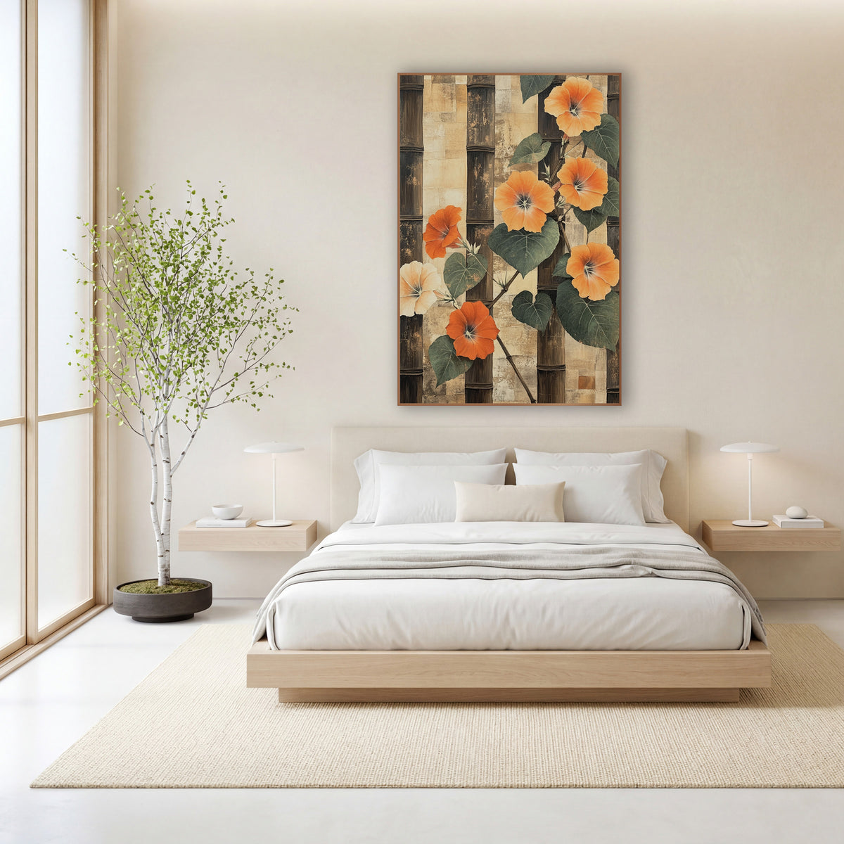 Orange Morning Glory Bamboo Japandi wall art in a calm Japandi-style room – orange morning glory flowers and green