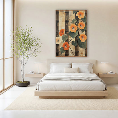 Orange Morning Glory Bamboo Japandi wall art in a calm Japandi-style room – orange morning glory flowers and green