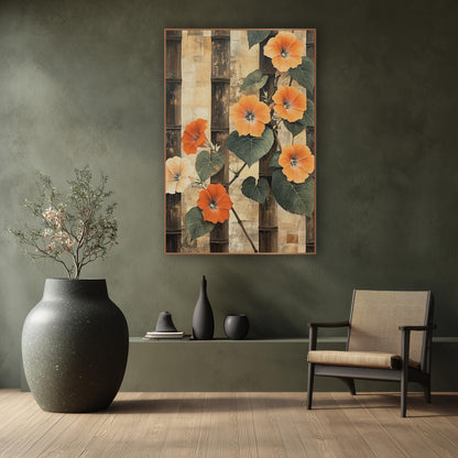 Orange Morning Glory Bamboo Japandi wall art in a calm Japandi-style room – orange morning glory flowers and green