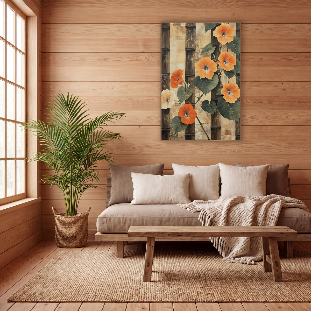 Orange Morning Glory Bamboo Japandi wall art in a calm Japandi-style room – orange morning glory flowers and green