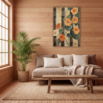 Orange Morning Glory Bamboo Japandi wall art in a calm Japandi-style room – orange morning glory flowers and green