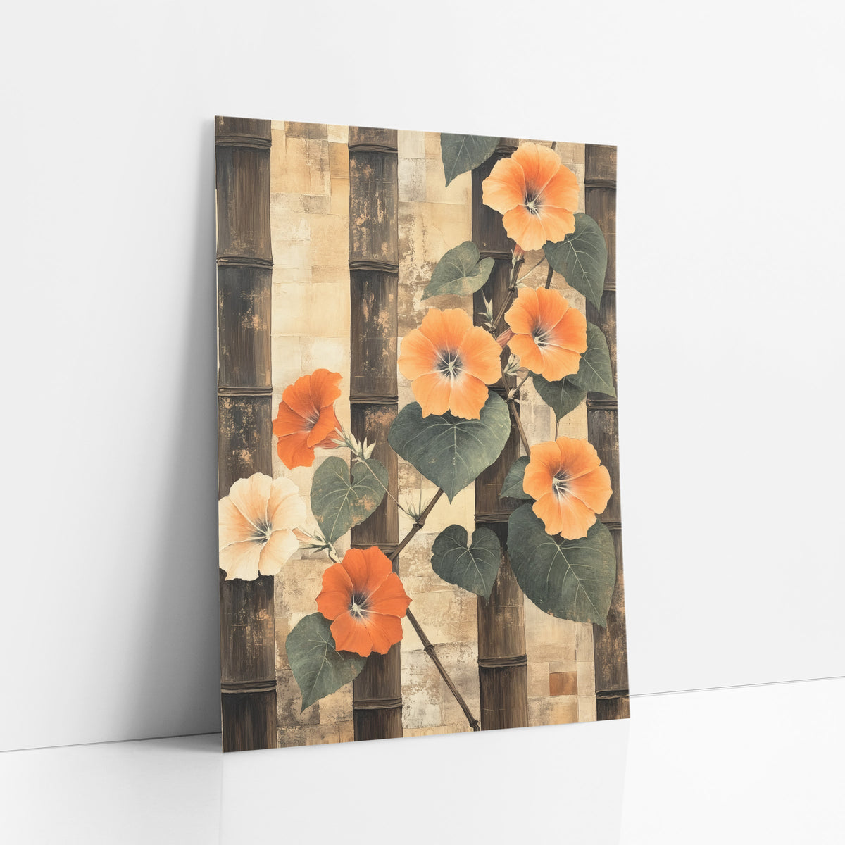 Orange Morning Glory Bamboo Japandi art print leaning against a white wall – orange morning glory flowers and green leaves