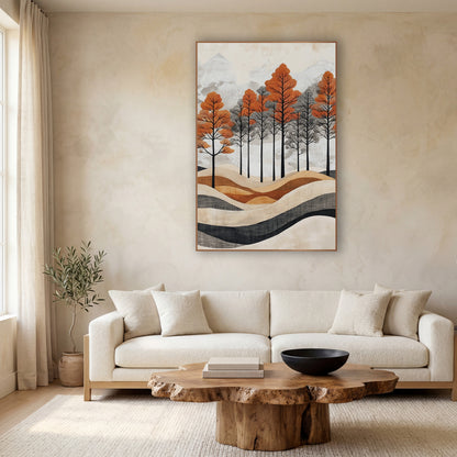 Rust Orange Tree Grove Japandi wall art in a calm Japandi-style room – rust orange and gray trees with black trunks