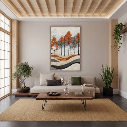 Rust Orange Tree Grove Japandi wall art in a calm Japandi-style room – rust orange and gray trees with black trunks