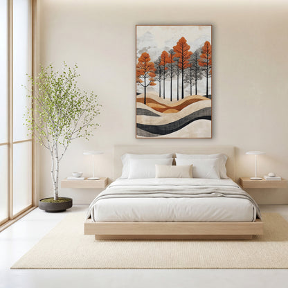 Rust Orange Tree Grove Japandi wall art in a calm Japandi-style room – rust orange and gray trees with black trunks