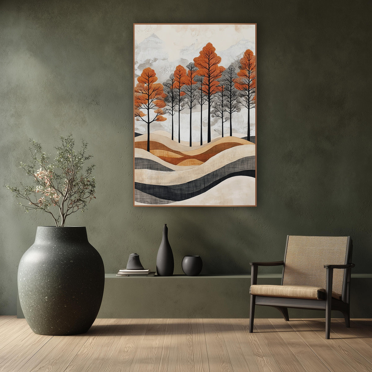 Rust Orange Tree Grove Japandi wall art in a calm Japandi-style room – rust orange and gray trees with black trunks