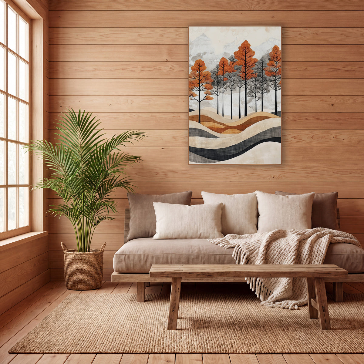 Rust Orange Tree Grove Japandi wall art in a calm Japandi-style room – rust orange and gray trees with black trunks