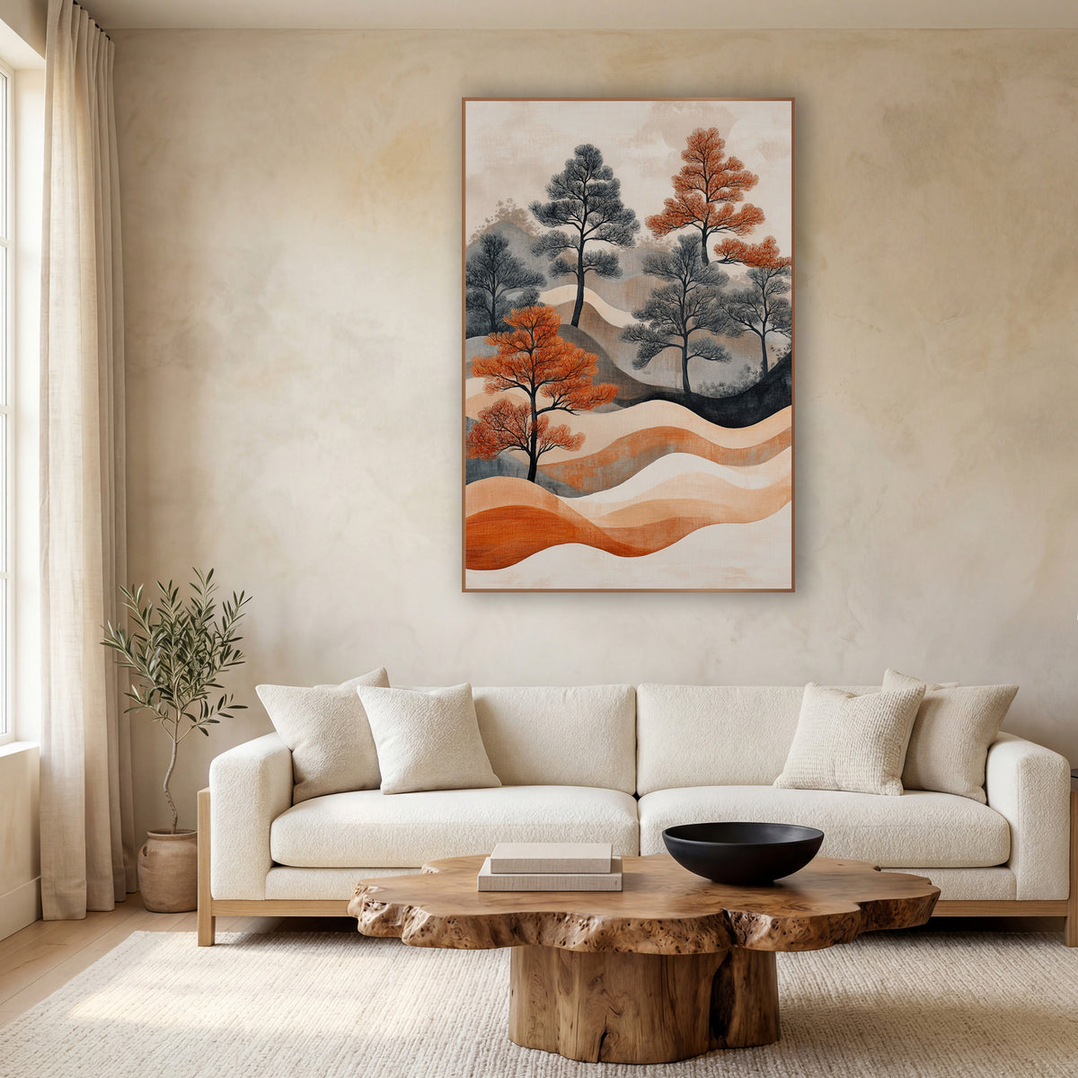 Rust and Charcoal Pine Landscape Japandi wall art in a calm Japandi-style room – rust-orange and charcoal-gray pine