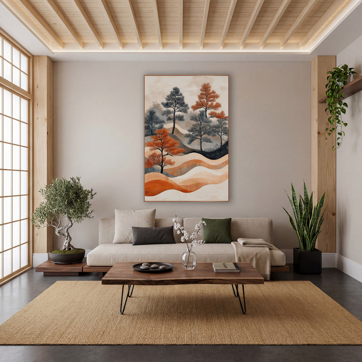 Rust and Charcoal Pine Landscape Japandi wall art in a calm Japandi-style room – rust-orange and charcoal-gray pine