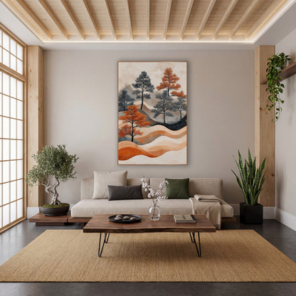 Rust and Charcoal Pine Landscape Japandi wall art in a calm Japandi-style room – rust-orange and charcoal-gray pine