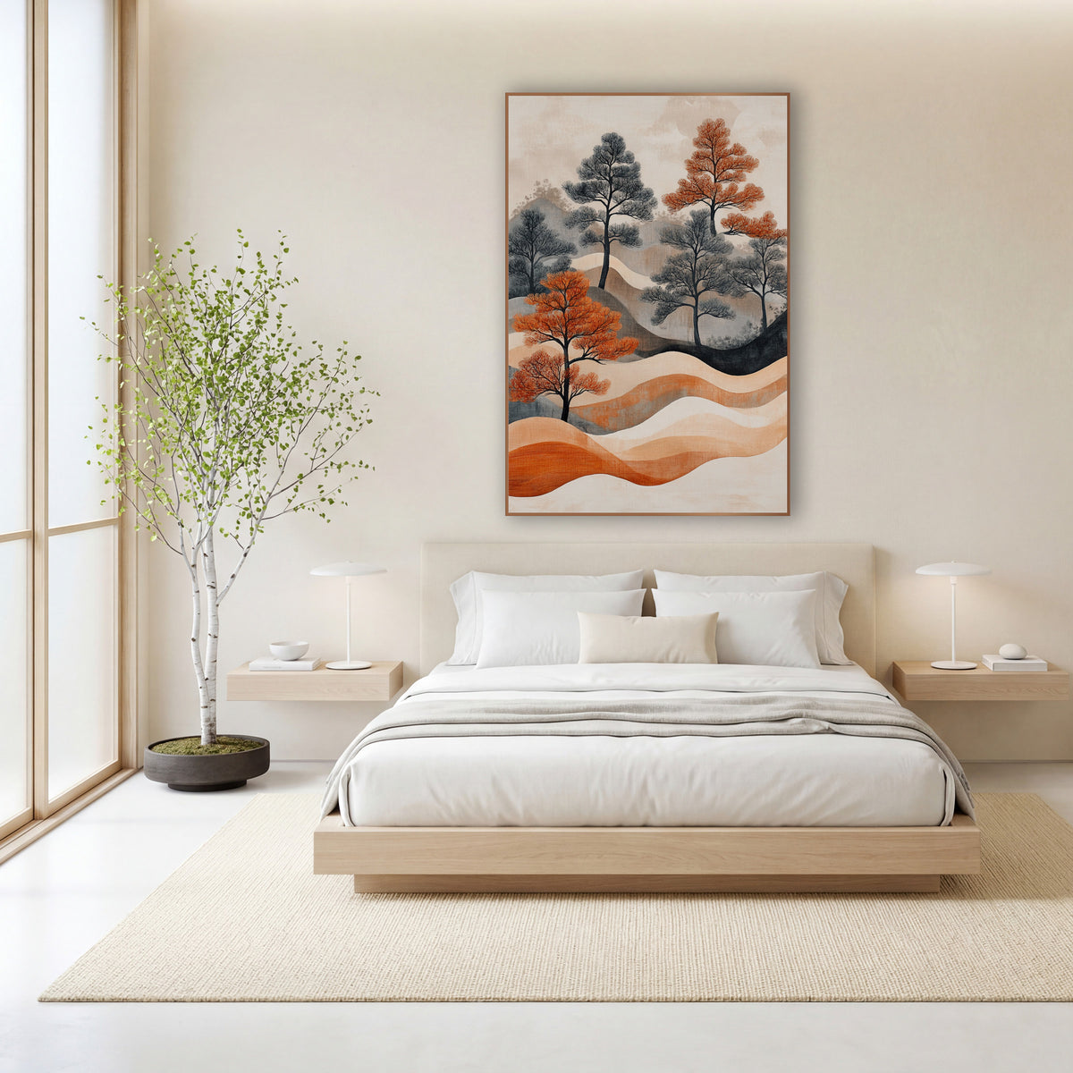 Rust and Charcoal Pine Landscape Japandi wall art in a calm Japandi-style room – rust-orange and charcoal-gray pine