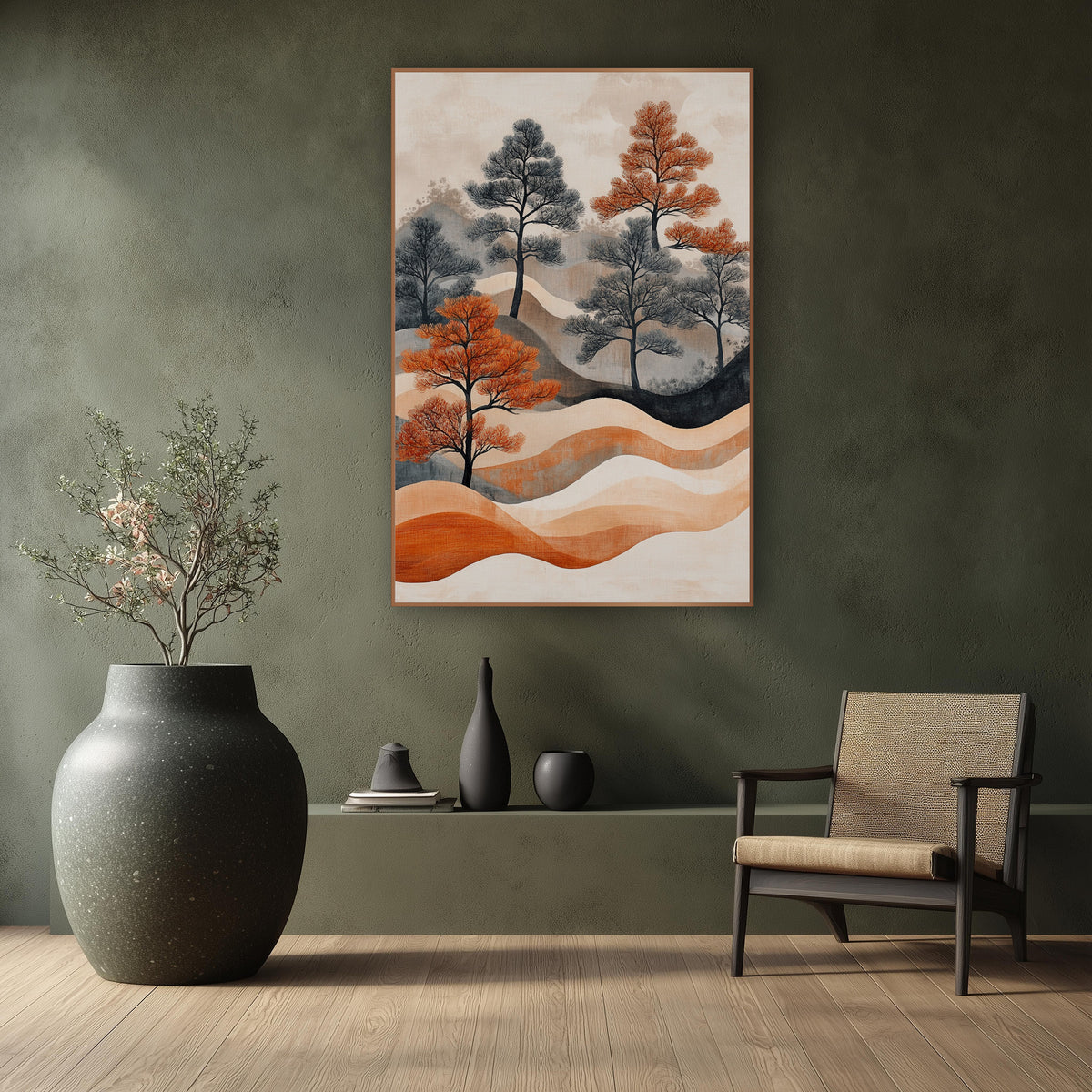 Rust and Charcoal Pine Landscape Japandi wall art in a calm Japandi-style room – rust-orange and charcoal-gray pine