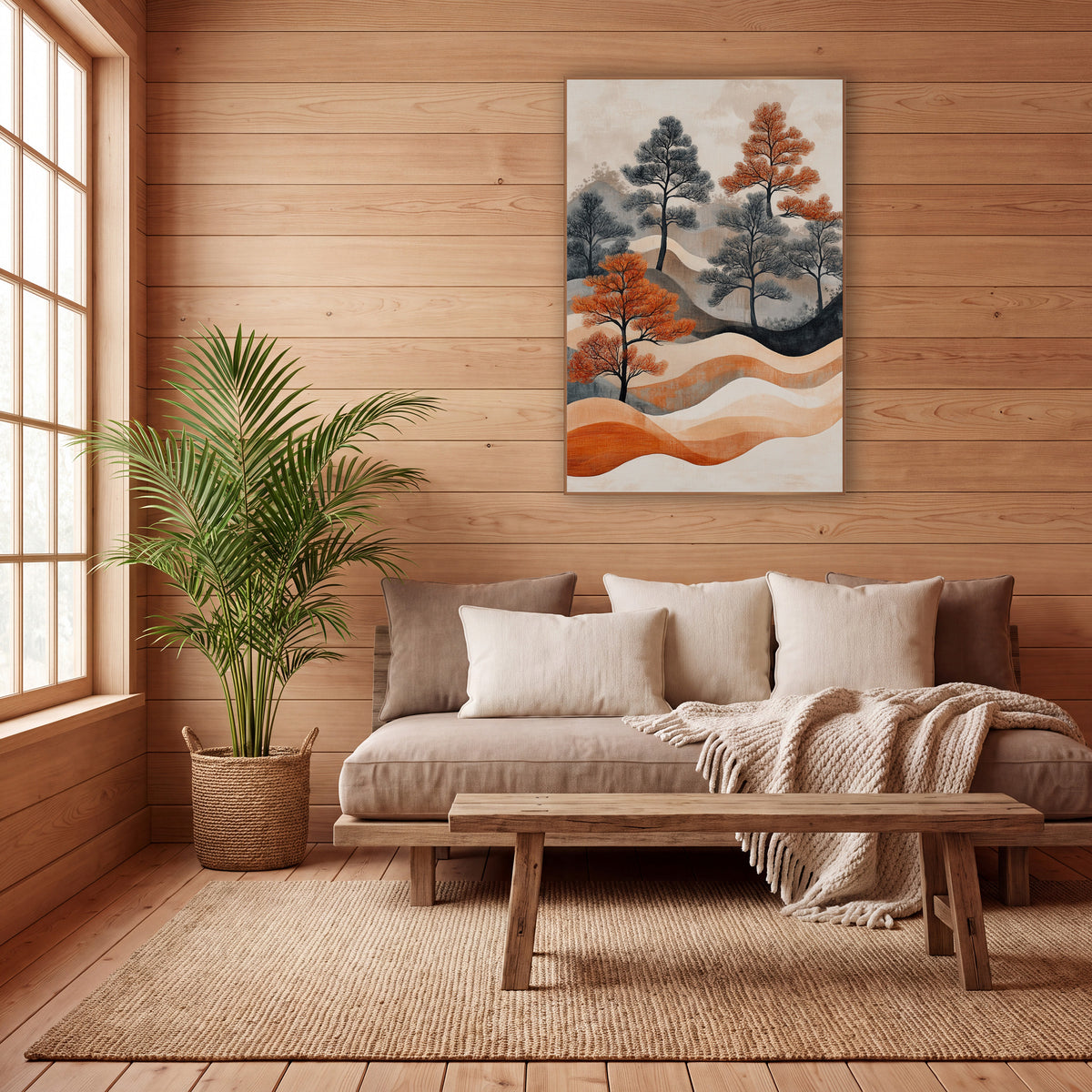 Rust and Charcoal Pine Landscape Japandi wall art in a calm Japandi-style room – rust-orange and charcoal-gray pine