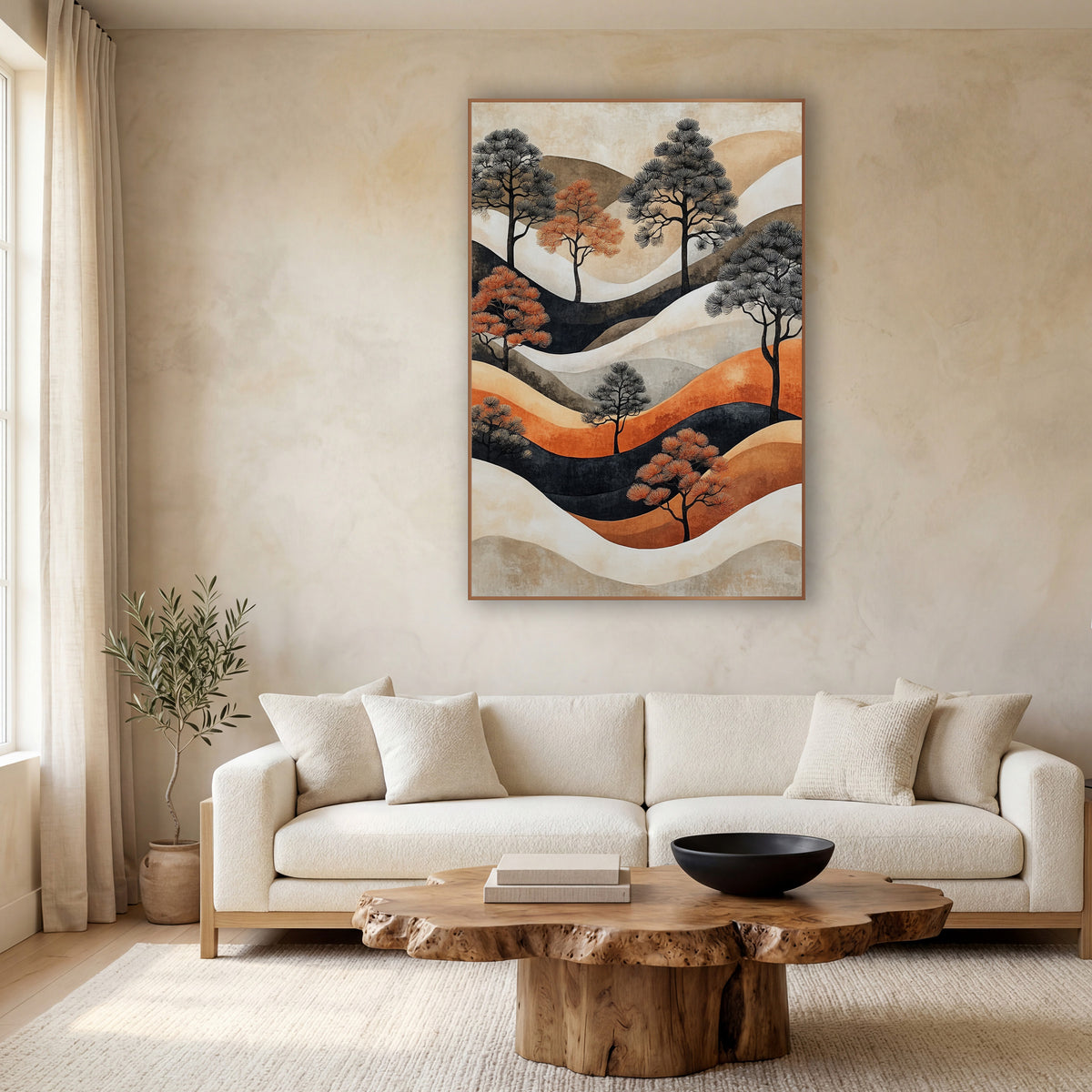 Rust and Charcoal Pine Landscape wall art in a calm Japandi-style room – stylized pine trees in charcoal and rust
