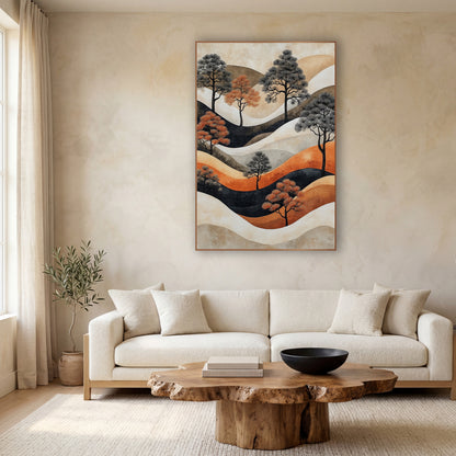 Rust and Charcoal Pine Landscape wall art in a calm Japandi-style room – stylized pine trees in charcoal and rust