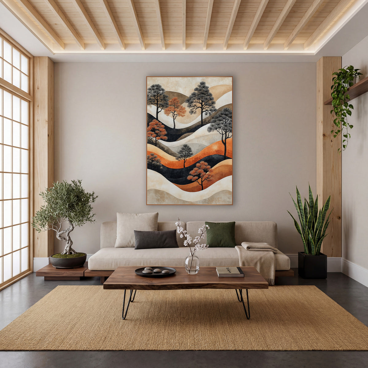 Rust and Charcoal Pine Landscape wall art in a calm Japandi-style room – stylized pine trees in charcoal and rust