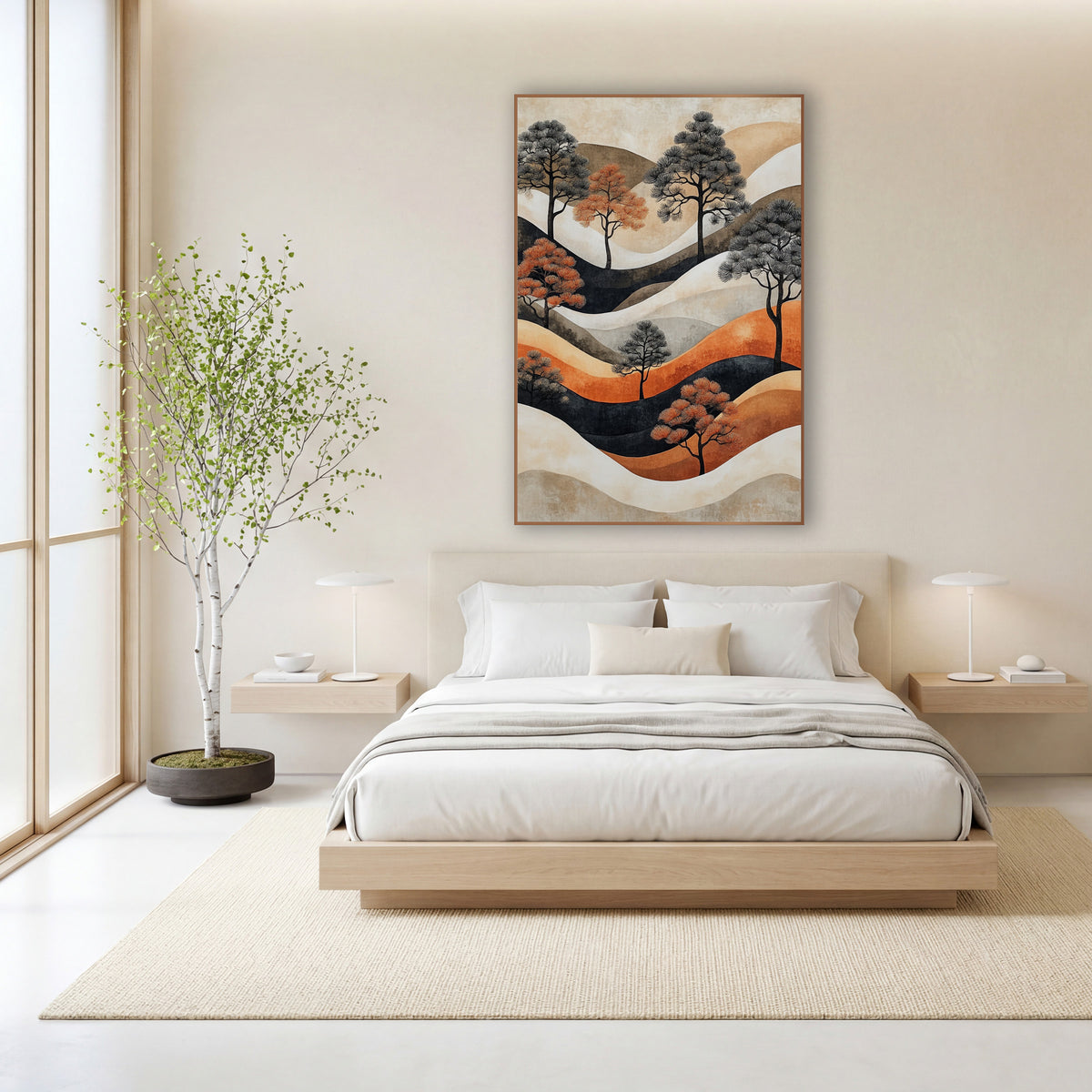 Rust and Charcoal Pine Landscape wall art in a calm Japandi-style room – stylized pine trees in charcoal and rust
