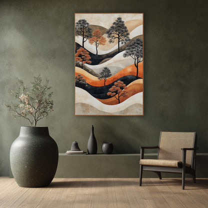 Rust and Charcoal Pine Landscape wall art in a calm Japandi-style room – stylized pine trees in charcoal and rust