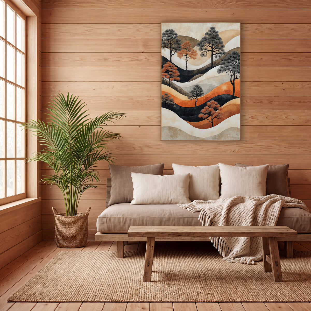 Rust and Charcoal Pine Landscape wall art in a calm Japandi-style room – stylized pine trees in charcoal and rust