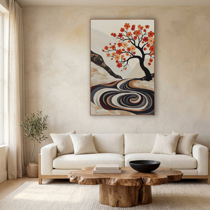Ivory Hill Blossom Tree Japandi wall art in a calm Japandi-style room – dark flowering tree with orange and peach