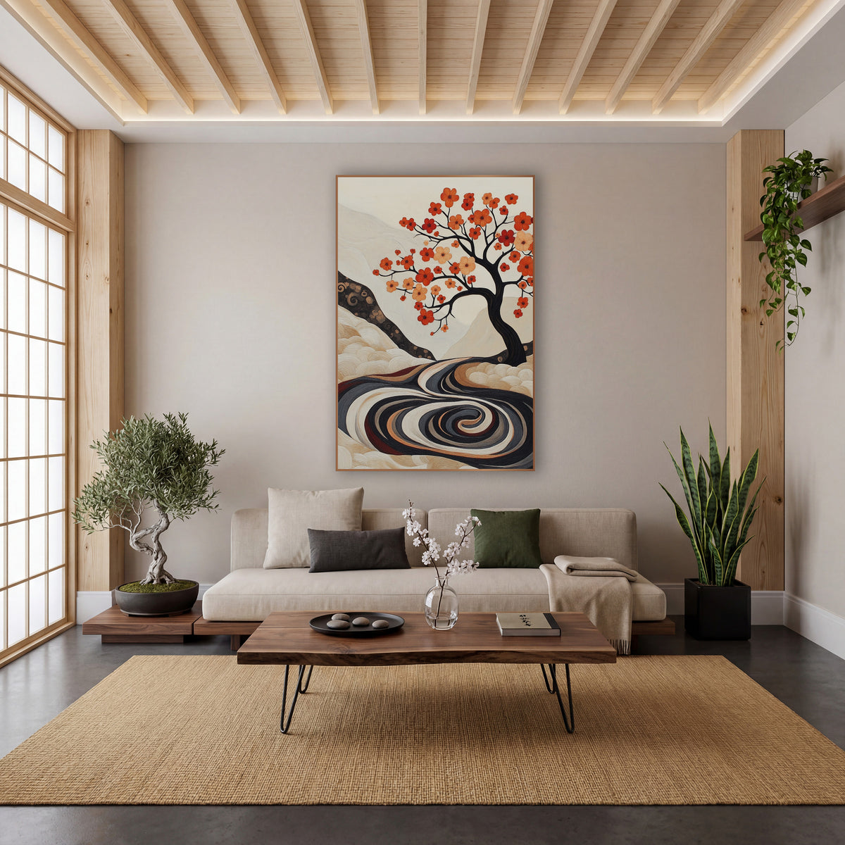 Ivory Hill Blossom Tree Japandi wall art in a calm Japandi-style room – dark flowering tree with orange and peach
