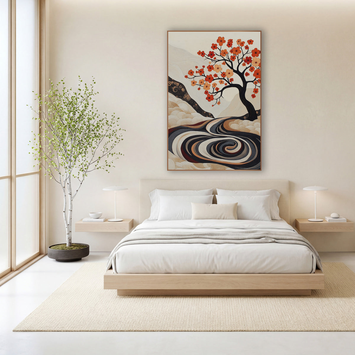 Ivory Hill Blossom Tree Japandi wall art in a calm Japandi-style room – dark flowering tree with orange and peach