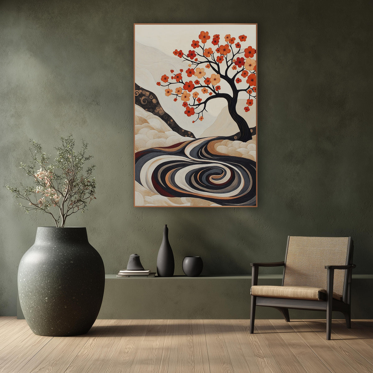 Ivory Hill Blossom Tree Japandi wall art in a calm Japandi-style room – dark flowering tree with orange and peach
