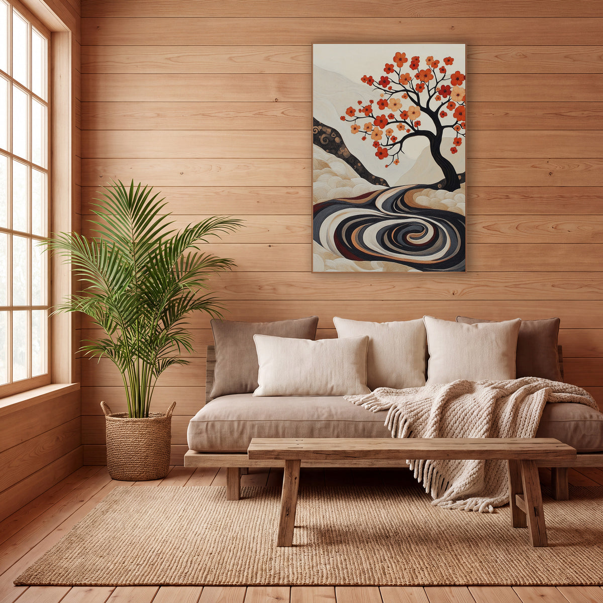 Ivory Hill Blossom Tree Japandi wall art in a calm Japandi-style room – dark flowering tree with orange and peach