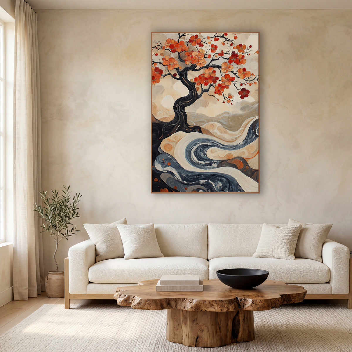 Twisted Trunk Blossom River Painterly wall art in a calm Japandi-style room – dark twisting tree with orange and red