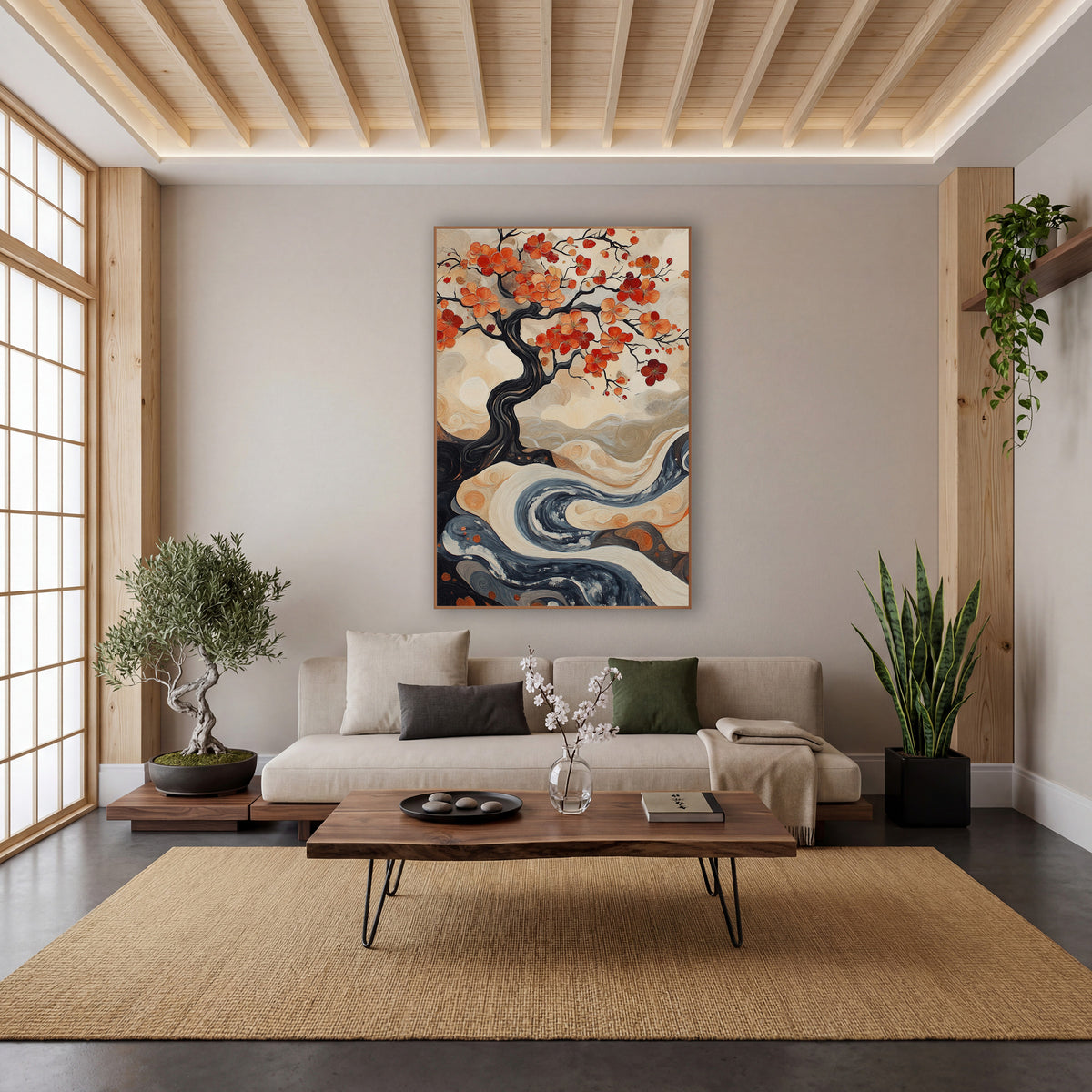 Twisted Trunk Blossom River Painterly wall art in a calm Japandi-style room – dark twisting tree with orange and red