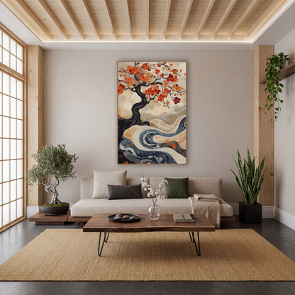 Twisted Trunk Blossom River Painterly wall art in a calm Japandi-style room – dark twisting tree with orange and red