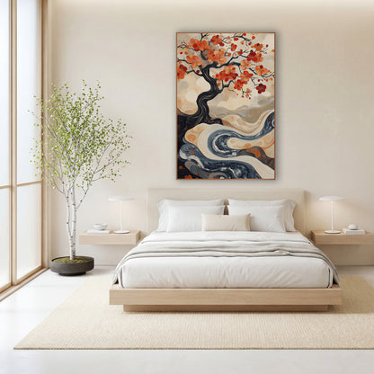 Twisted Trunk Blossom River Painterly wall art in a calm Japandi-style room – dark twisting tree with orange and red