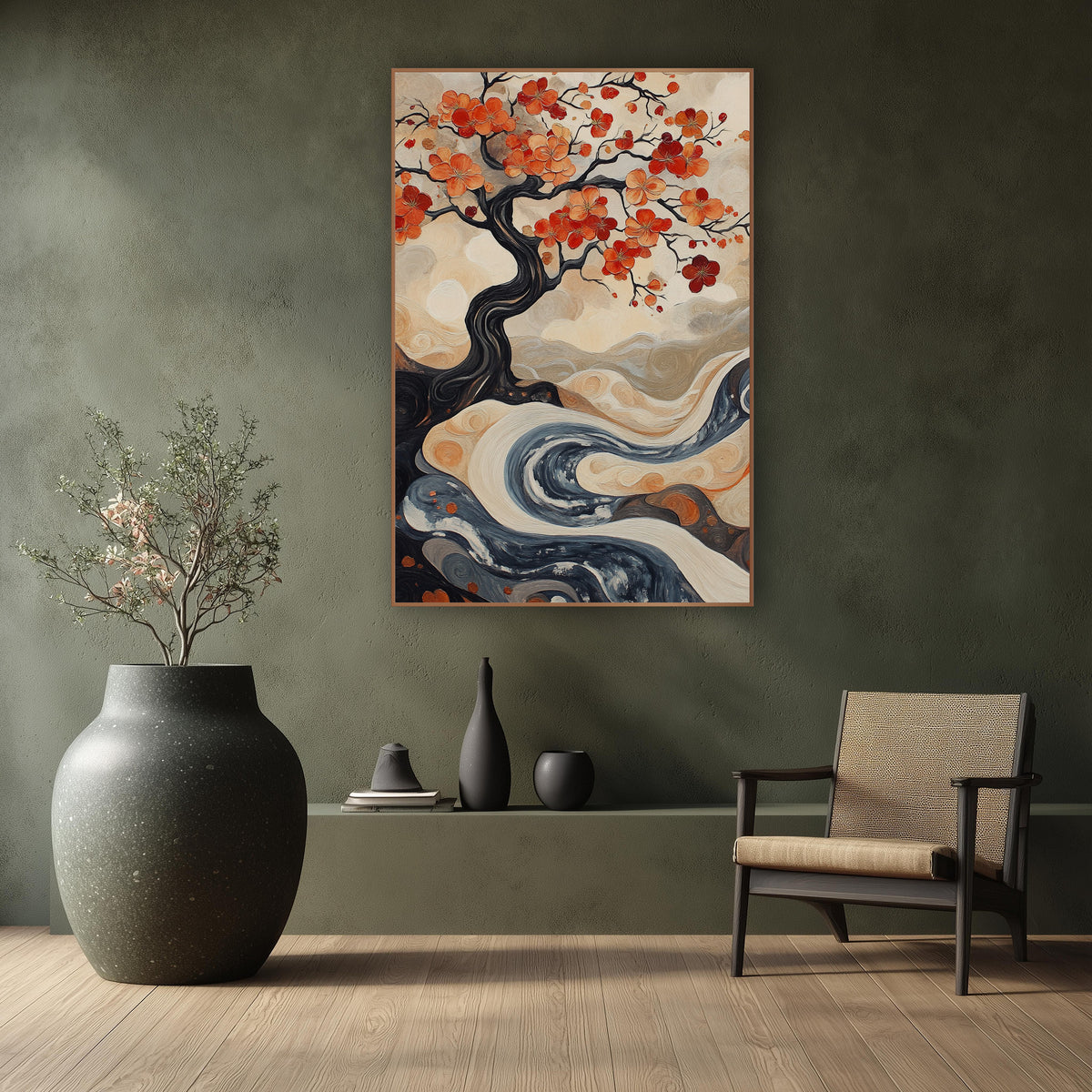 Twisted Trunk Blossom River Painterly wall art in a calm Japandi-style room – dark twisting tree with orange and red