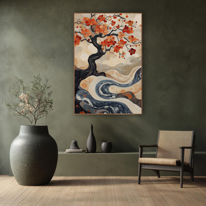 Twisted Trunk Blossom River Painterly wall art in a calm Japandi-style room – dark twisting tree with orange and red