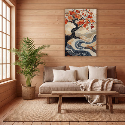 Twisted Trunk Blossom River Painterly wall art in a calm Japandi-style room – dark twisting tree with orange and red