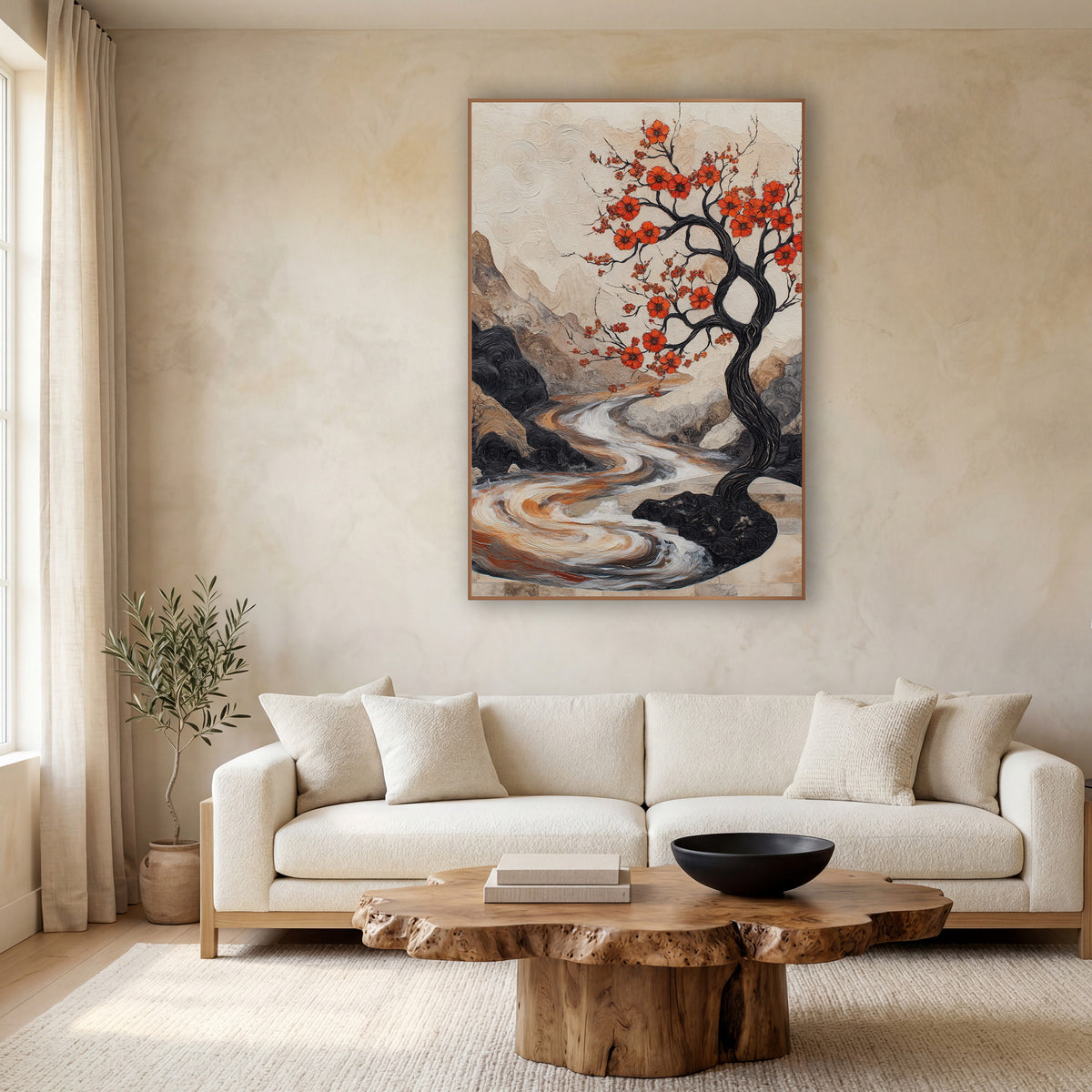 Crimson Blossom Tree River Landscape wall art in a calm Japandi-style room – black twisting tree with orange-red