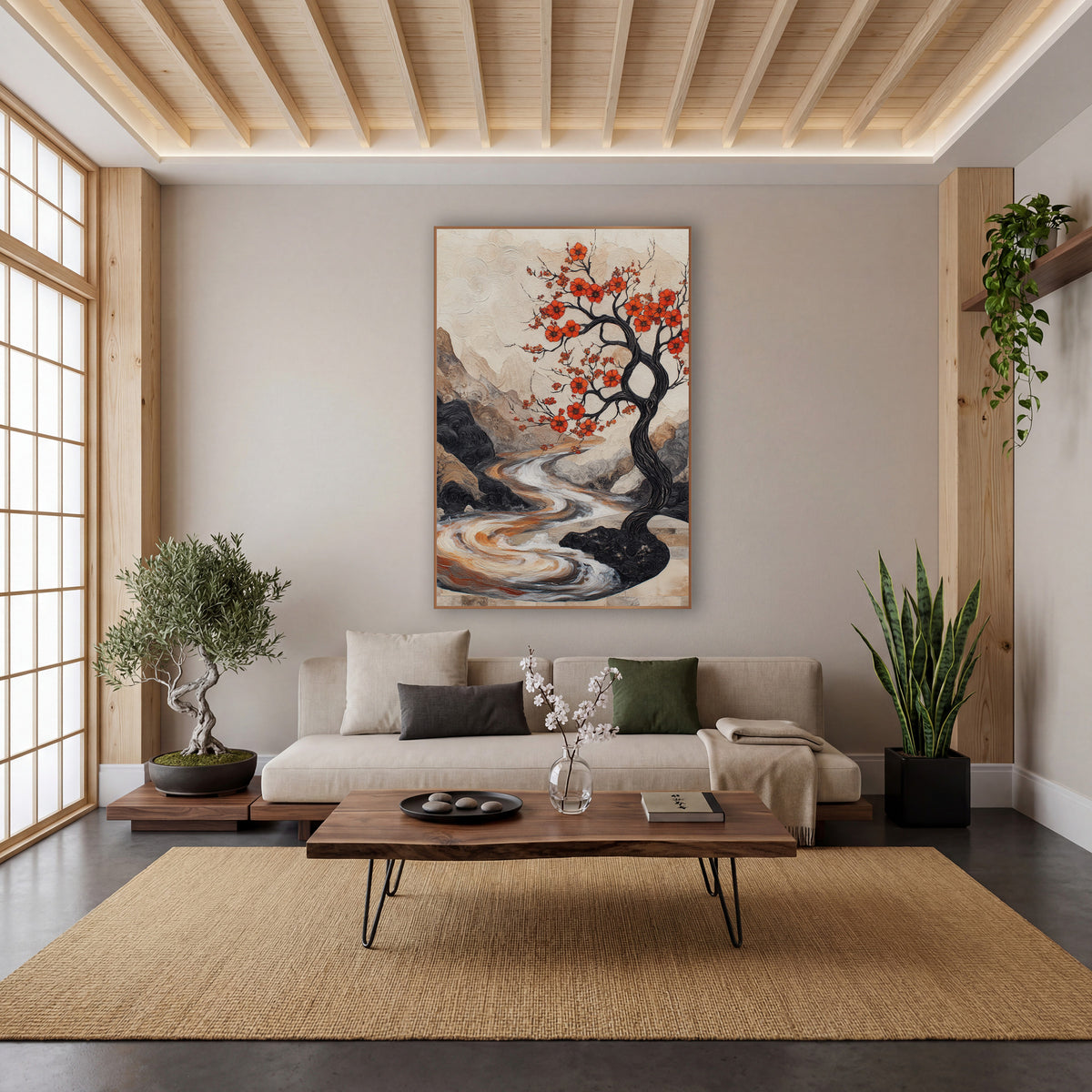 Crimson Blossom Tree River Landscape wall art in a calm Japandi-style room – black twisting tree with orange-red