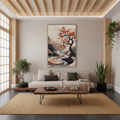 Crimson Blossom Tree River Landscape wall art in a calm Japandi-style room – black twisting tree with orange-red