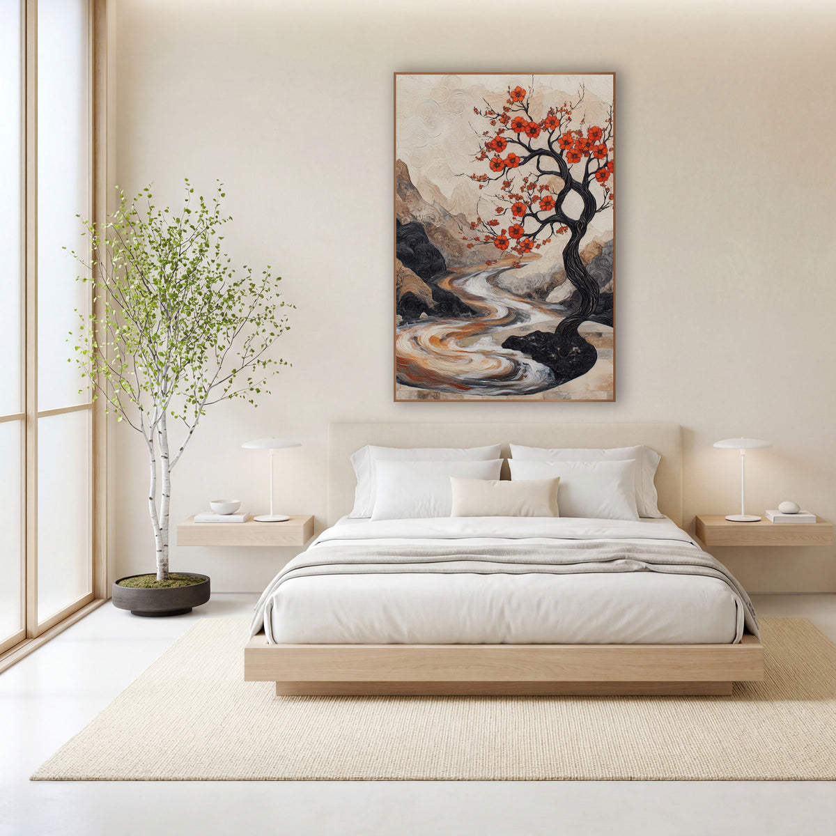 Crimson Blossom Tree River Landscape wall art in a calm Japandi-style room – black twisting tree with orange-red