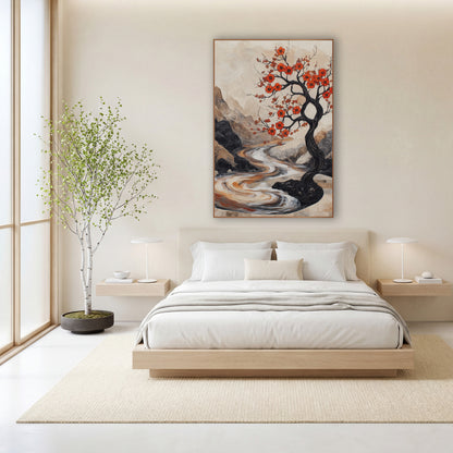Crimson Blossom Tree River Landscape wall art in a calm Japandi-style room – black twisting tree with orange-red