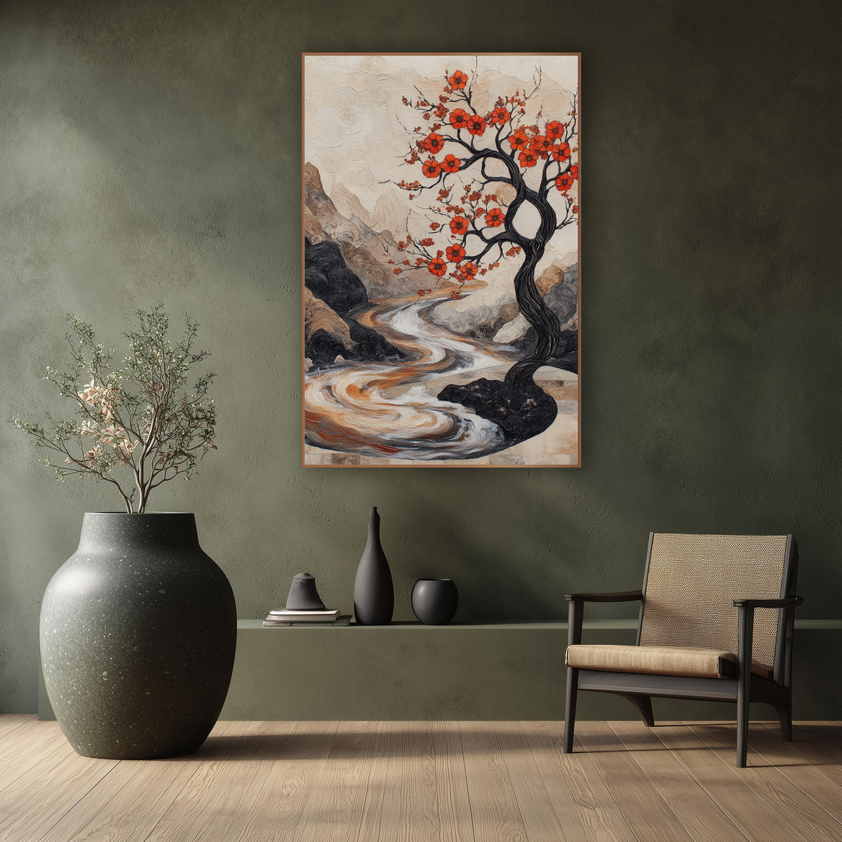 Crimson Blossom Tree River Landscape wall art in a calm Japandi-style room – black twisting tree with orange-red