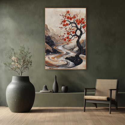 Crimson Blossom Tree River Landscape wall art in a calm Japandi-style room – black twisting tree with orange-red