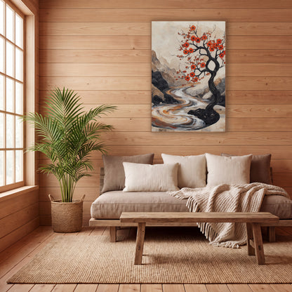 Crimson Blossom Tree River Landscape wall art in a calm Japandi-style room – black twisting tree with orange-red