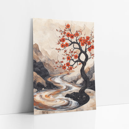 Crimson Blossom Tree River Landscape art print leaning against a white wall – black twisting tree with orange-red blossoms