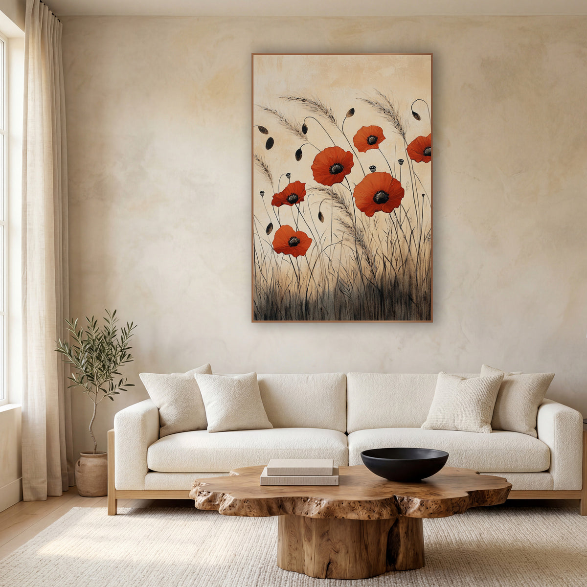 Red Poppies Tall Grasses Japandi wall art in a calm Japandi-style room – six red poppies with dark centers among