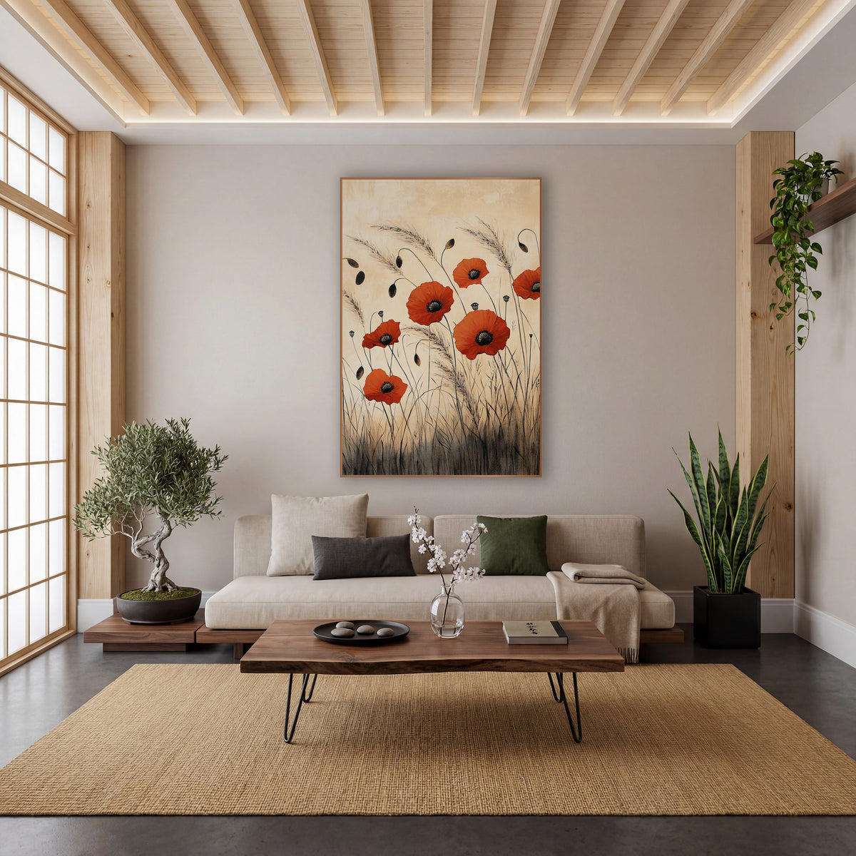 Red Poppies Tall Grasses Japandi wall art in a calm Japandi-style room – six red poppies with dark centers among