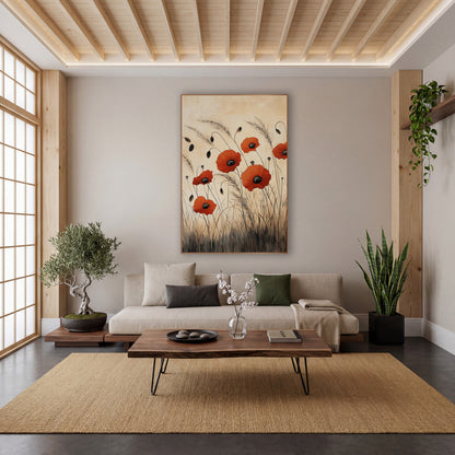 Red Poppies Tall Grasses Japandi wall art in a calm Japandi-style room – six red poppies with dark centers among